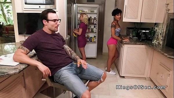 Dude bangs ebony friend on his sis in kitchen
